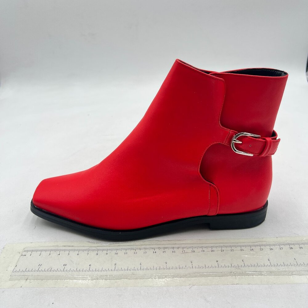Red Women Square Toe Low Heel Ankle Booots Buckle Comfort Shoes